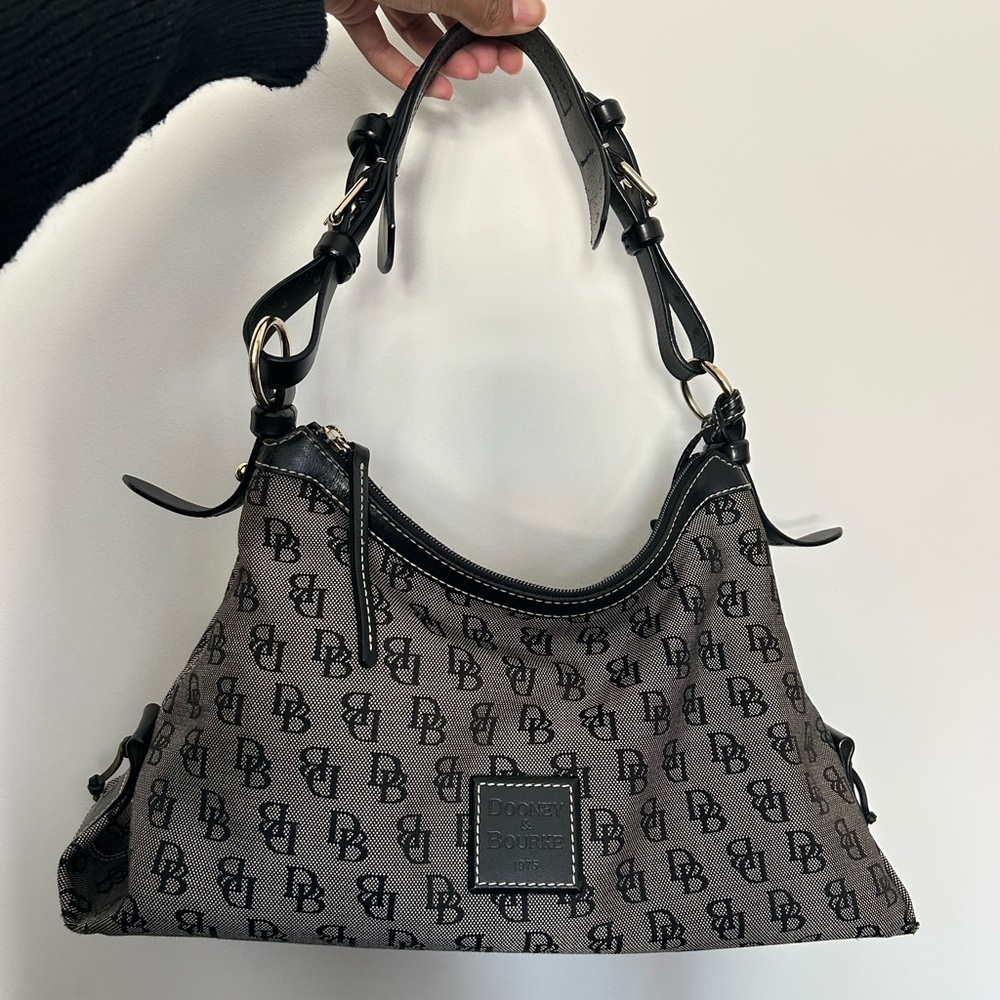 Vintage Dooney & Bourke Black and Gray Monogram Gretta Slouch Shoulder Bag Y2K